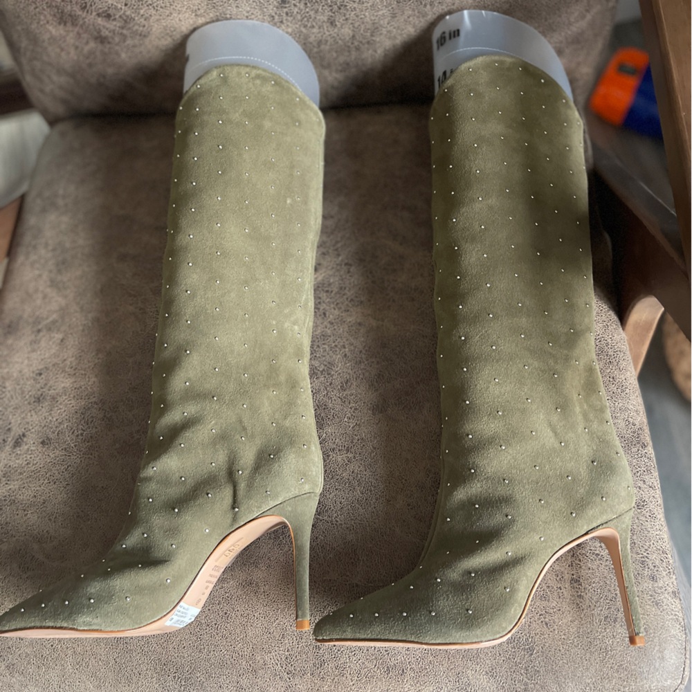 Schutz Leather Suede Maryana Studded Boots Green Sz 6